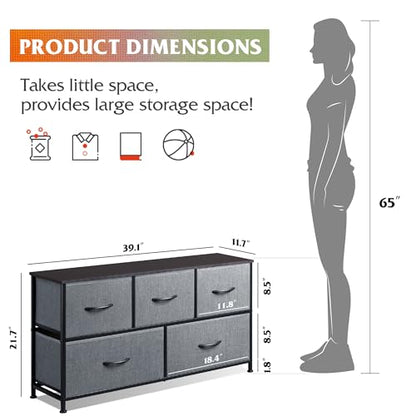 WLIVE Wide Dresser for Bedroom, 5 Drawer Chest of Drawers, Dark Grey | 5 roomy fabric drawers, Wide storage design, Bedroom or closet use, Sturdy steel frame, Smooth wood tabletop