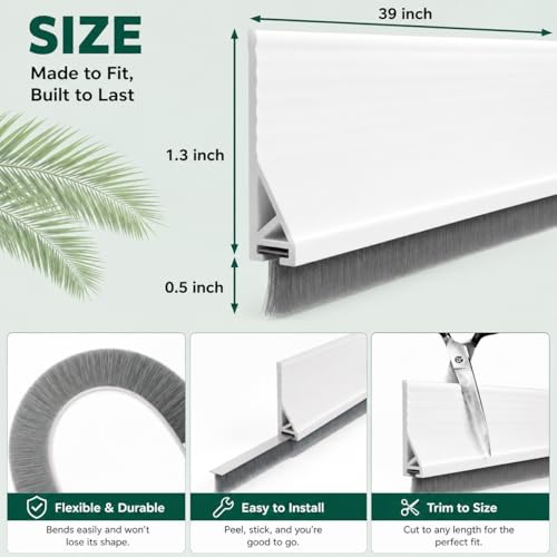 Door Draft Stopper with Brush, 39" Door Sweep for Bottom of Door, Self Adhesive Weather Stripping for Bottom of Door, Under Door Seal Dust/Noise/Hot or Cold Air Insulation, White, 1 Pack