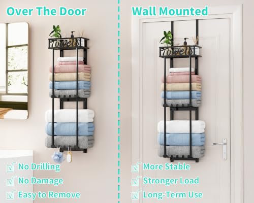 HapiRm Towel Rack Bathroom Storage - 3 Tier Over The Door & Wall Mounted Rolled Towel Racks Holder Organizer with Metal Shelf and 6 Hooks for Small Bathroom, Camper, Rv - Black (for 1.77 in Doors)