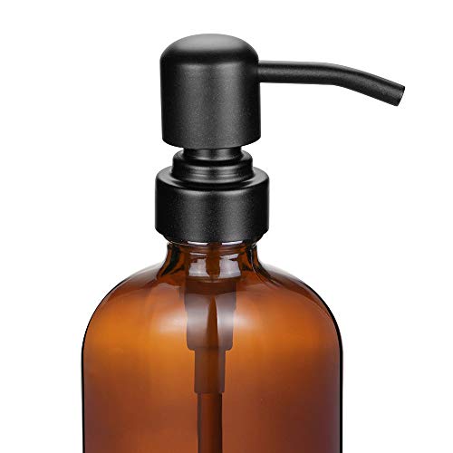 2 Pack Thick Amber Glass Pint Jar Soap Dispenser with Matte Black Stainless Steel Pump, 16ounce Boston Round Bottles Dispenser with Rustproof Pump for Essential Oil, Lotion Soap | Stainless Steel Pumps, Refillable Bottles, For Kitchen & Bathroom