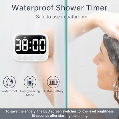 HAUKINIX Shower Timer Waterproof Bathroom Toilet Timer Digital Kitchen for Wall Mount, Study w/Foldable Stand, Countdown Stopwatch w/Suction Cup for Swim, Rechargeable, White