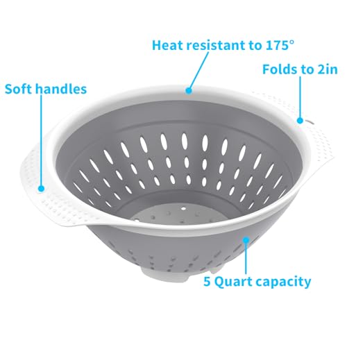 5 Quart Collapsible Colander，BPA Free，Dishwasher Safe，Silicone Food Strainer with Plastic Handles，Heavy Duty Foldable Heat Resistant Pasta and Veggies Kitchen Drainer Steam Basket，Gray