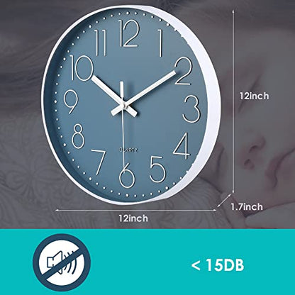 12 Inch Silent Non-Ticking Battery Operated Quality Quartz Round Wall Clock Modern Decor Clock for Home Office Bedroom Bathroom(Cerulean/Blue Color)