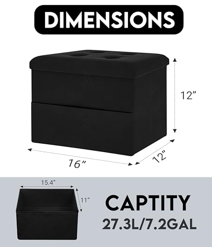 Zoes Homeware Small Storage Ottoman Foot Rest, Velvet Ottoman with Storage and Side Pocket, Black Foot Rest for Couch, Foldable Footstool for Chair, Living Room&Dorm, 16"x12"x12"