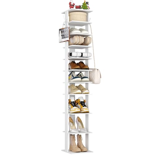 HOMEFORT 10-Tier Vertical Shoe Rack, Corner Shoe Tower, Slim Shoe Organizer with Two Hanging Hooks, Wooden Shoe Storage Stand for Entryway, Hallway, Closet (White)