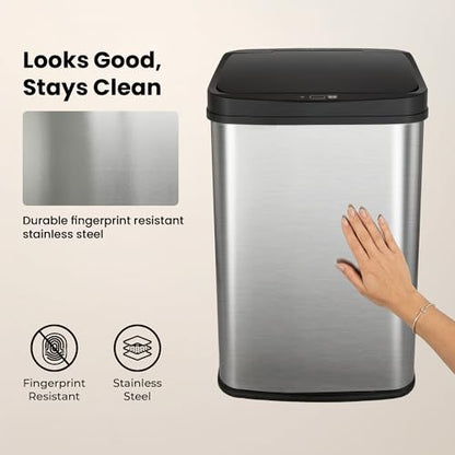 Ninestars 13 Gallon Automatic Trash Can, 50L Touchless Motion Sensor Garbage Can with Odor-Sealing Lid, Rectangular Stainless Steel, Black Trim