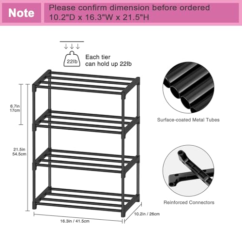 Autonomier 4 Tier Extra Small Shoe Rack (16.3" Wide), Narrow Stackable | Kids Toddler Adult Shoe Shelf, Lightweight Shoe Rack Stand for Closet Dorm Storage Organizer, Front Door Entrance, Entryway