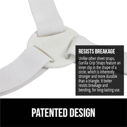 GORILLA GRIP Patented Bed Sheet Holders, Adjustable Elastic Fasteners with Metal Clips, Keep in Place Fitted Bedding Straps, Firm Tight Suspenders for Mattress, US Designed, 4 Pack White