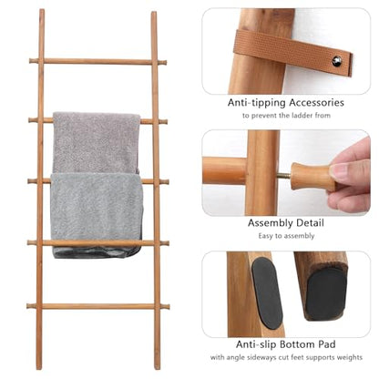Blanket Ladder, 57in Rustic Extended Side Wood Decor Rack, Light Brown | 5 rungs, farmhouse quilt display holder, organize towel, hanging bags, leaning wall, bathroom and living room use