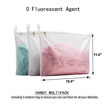 TENRAI Delicates Laundry Bags, Bra Fine Mesh Wash Bag for Underwear, Lingerie, Bra, Pantyhose, Socks, Use YKK Zipper, Have Hanger Loops,((0 Fluorescent Cloth White, 3 Medium, CQS)