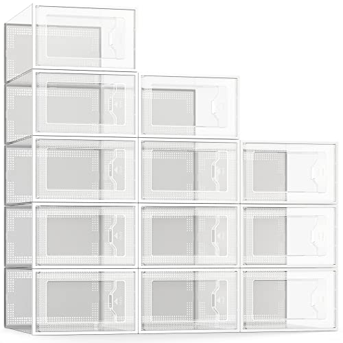 12 Pack Shoe Storage Box, Clear Plastic Stackable Shoe Organizer for Closet, Space Saving Foldable Shoe Rack Sneaker Container Bin Holder