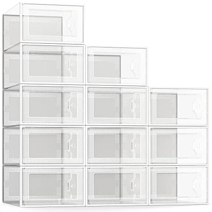 12 Pack Shoe Storage Box, Clear Plastic Stackable Shoe Organizer for Closet, Space Saving Foldable Shoe Rack Sneaker Container Bin Holder