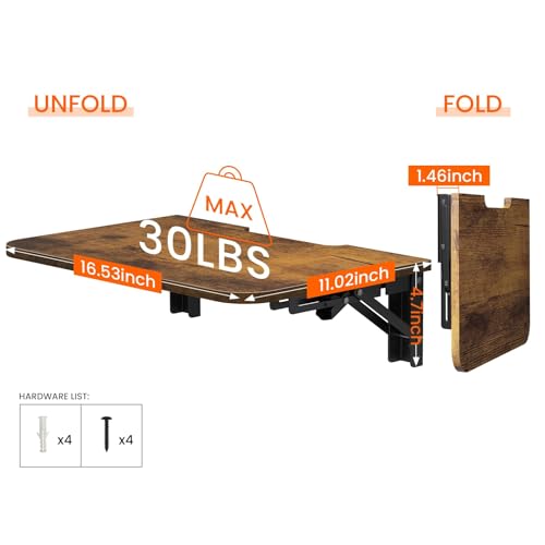 Projector Shelf for Wall, Foldable Floating TV Shelf, Wall Mount DVD Shelf with Heavy-Duty Brackets Under TV for Cable Box, Games Console, 16.5 x 11 Inches, Rustic Brown