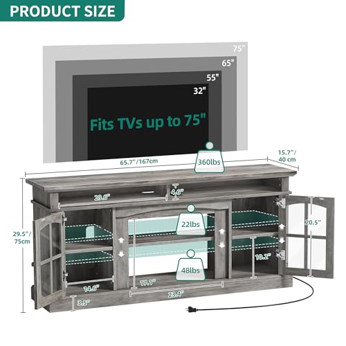 LED Farmhouse TV Stand for 75 Inch w/Outlets, Mode... (Grey | Engineered Wood)