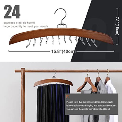 Tie Rack 2Pcs Tie Racks for Men Closet 24 Hooks, Wooden Tie Organizer with Upgraded 360°Rotating, Scarves Accessories Closet Organizer for Bras,Tank Tops,Camisoles etc.Walnut…