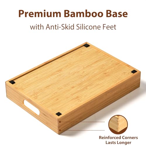 Large Bamboo Food Container Lid Organizer for Kitchen Cabinet | Adjustable slots - Premium bamboo, pretty color - Sturdy versatile caddy for snack, spice in drawer - Anti-Skid Silicone Pads