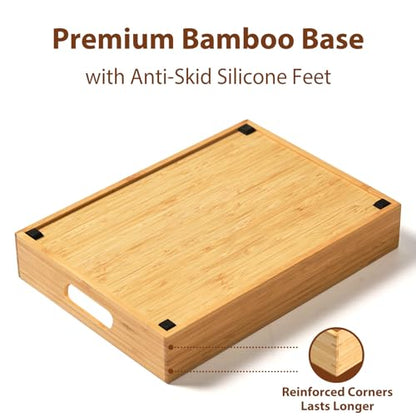Large Bamboo Food Container Lid Organizer for Kitchen Cabinet | Adjustable slots - Premium bamboo, pretty color - Sturdy versatile caddy for snack, spice in drawer - Anti-Skid Silicone Pads