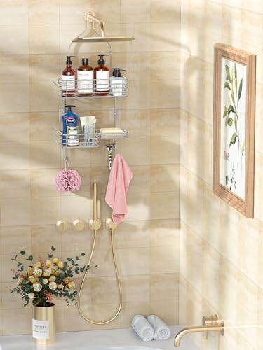 SMARTAKE Hanging Shower Head Caddy, Shower Shelf Organizer, Silver | SUS201 Rustproof Stainless Steel Over The Storage Rack, for Toilet, Bathroom
