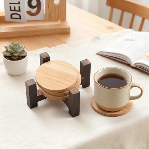 LemonRoad 2 Pack 5.13"×5.13"×2.25" Rustic Brown Solid Wood Coaster Holder for Round or Square 4" Coasters Ideal for Kitchen Bar & Home Decor Enthusiasts
