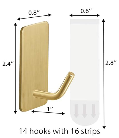 14 Pcs Towel Hooks with Removable Strips for Hanging, Adhesive Wall Hooks Heavy Duty, Outdoor No Damage, Sticky Hook for Bathrooms, Shower, Stockings, Decor, Robe, Small, Gold 304 Stainless Steel