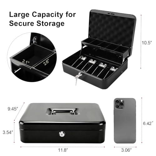 Jssmst Cash Box with Key Lock - 0.9mm Thick Metal Money Box for Garage Sales, Yard Sales and Petty Cash, Portable Cash Drawer with Coin Tray & Spill-Proof Foam Coin Cover, 4 No-Pinch Bill Clips,11.8''