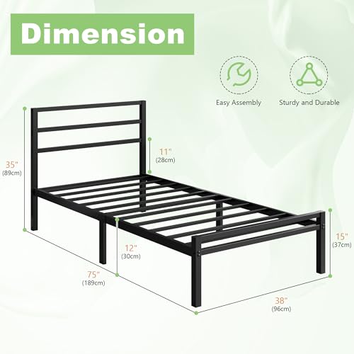 Lutown-Teen 12 Inch Twin Bed Frame with Headboard and Footboard | Metal Platform Bed Frame, Classic Style, Under Bed Storage, No Box Spring Needed, Easy Assembly, Noise Free, Black