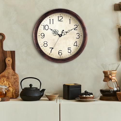 KECYET Wall Clock 10" Vintage Battery Operated Non-Ticking Quartz (Bronze) | Kitchen clock Living Room Retro Rustic Kitchen Bathroom Home Office Bronze