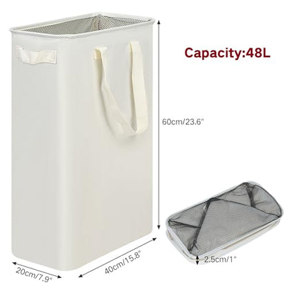 efluky Slim Laundry Basket, Narrow Laundry Hamper with Handles, Collapsible Dirty Clothes Hamper, Tall Laundry Bin for Laundry Room, Dorm and Bedroom, 12.7 Gallons(48L) Beige