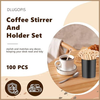 100 PCS Coffee Stirrer and Holder Set 6 inch Wooden Coffee Stirrers with Round Ends Disposable Coffee Stir Sticks Beverage Stirrer Sticks Plastic Drink Stirrer Holder for Cafe Drink Stations Bar