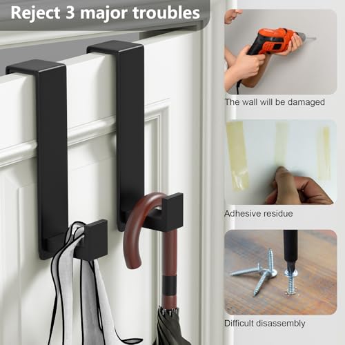 2-Pack Over The Door Hooks - Rustproof Stainless Steel Door Hangers Fits for 1-3/4 Inch Thick Doors, Non-Marking and Tool-Free Easy Install (Black, L Shape)