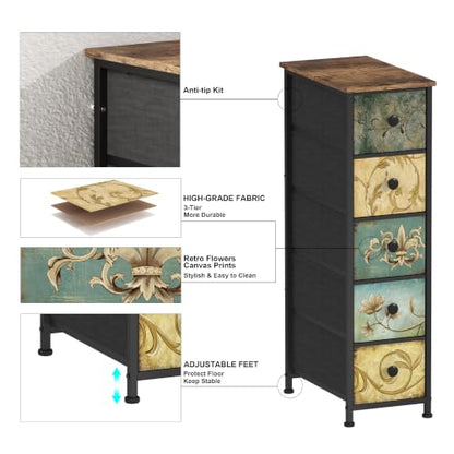 Narrow Storage Dresser Slim Dresser with Retro Flowers Fabric Drawers Vertical Skinny Cabinet for Small Spaces,Bathroom,Bedroom Closet Nightstand,Entryway Organizer (Retro Flower, 5 Drawers)