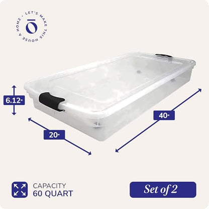 HOMZ Under Bed Clear Plastic Storage Bin w/Lid, 60 Qt, Gray Latch, 2 Pack | Stackable Underbed Container Set for Shoes, Bags, Clothes, and Towel Organization