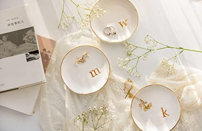 COLLECTIVE HOME Ceramic Jewelry Tray, Trinket Dish, Gifts for Women (K) | Mother's Day, Birthday, Christmas, Engagement Gifts, Vanity, Nightstand Decor, Embossed Gold Monogram Ring Dish with Gift Box