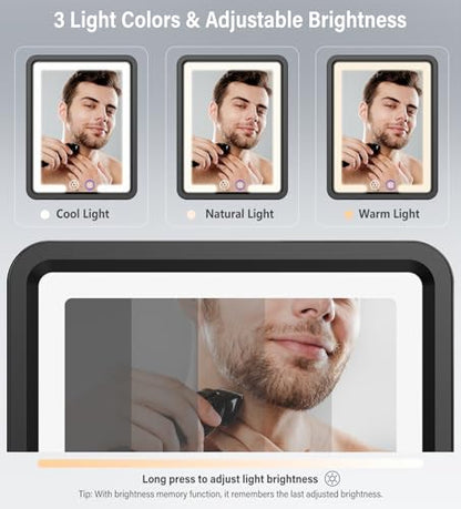 Shinowa Shower Mirror Fogless for Shaving with Light 360° Adjustable, Black | Rechargeable Anti-Fog Shaving Mirror, Large Storage Tray & Razor Holder, Dimmable Lights with 3 Colors, IP66 Waterproof