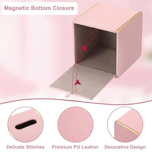 Sumnacon PU Square Tissue Box Cover, Magnetic Bottom, Waterproof, Pink | Stylish Cube Tissue Box Holder with Gold Edging Fits Vanity, Toilet Tank, Dresser, Nightstand, Table, Countertop, Office, Car