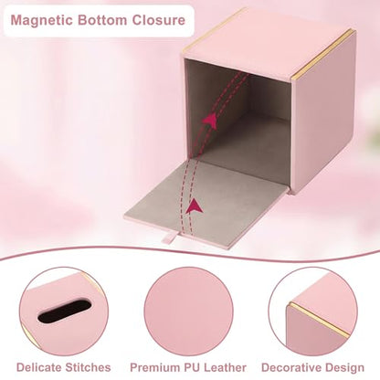 Sumnacon PU Square Tissue Box Cover, Magnetic Bottom, Waterproof, Pink | Stylish Cube Tissue Box Holder with Gold Edging Fits Vanity, Toilet Tank, Dresser, Nightstand, Table, Countertop, Office, Car