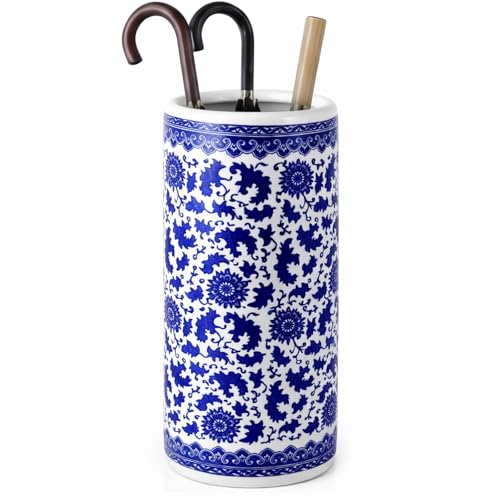 Sawysine Blue and White Ceramic Umbrella Stand, Floral Design Floor Vase for Entryway Indoor Decorative, 19.7" Heavy Porcelain Holder for Umbrellas Canes Home Decor(19.7 Inch,Lotus in Vine)