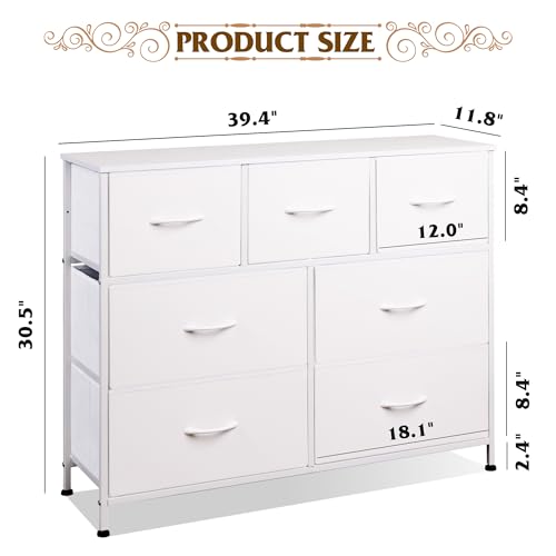 WLIVE Dresser for Bedroom, 7 Drawers, TV Stand, White | 7 roomy fabric drawers, Fits TVs up to 45 inch, Bedroom or living room, Wide storage design, Chest of drawers