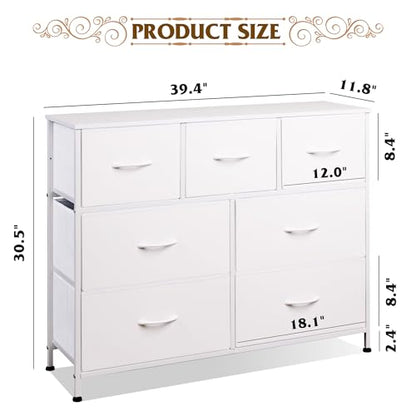 WLIVE Dresser for Bedroom, 7 Drawers, TV Stand, White | 7 roomy fabric drawers, Fits TVs up to 45 inch, Bedroom or living room, Wide storage design, Chest of drawers
