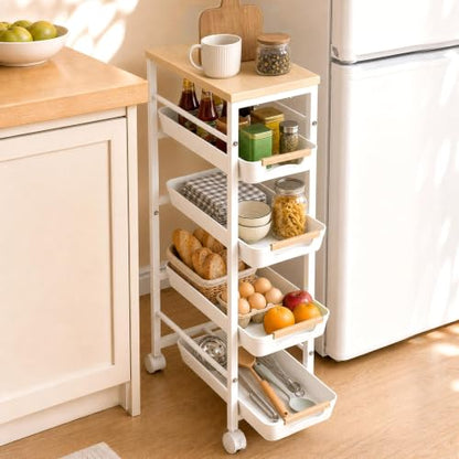 Pipishell Slim Rolling Storage Cart with Drawers & Lockable Wheels, 5 Tier Kitchen Cart with Safety Stops & Vented Design, Wood Top, Pull-Out Utility Cart for Kitchen, Bathroom, Laundry Room, White