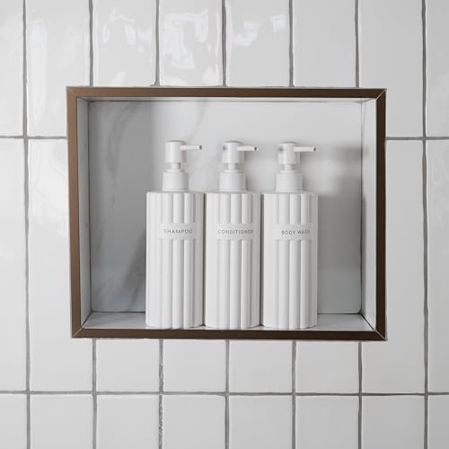 Stylish Shampoo & Conditioner Dispenser Set of 3 - Fluted 19oz Bottles | Modern Shower Soap Bottles - Easy to Refill Body Wash Dispensers for an Instant Bathroom Decor Upgrade