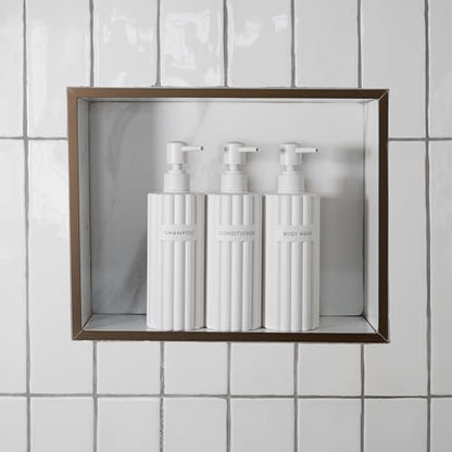 Stylish Shampoo & Conditioner Dispenser Set of 3 - Fluted 19oz Bottles | Modern Shower Soap Bottles - Easy to Refill Body Wash Dispensers for an Instant Bathroom Decor Upgrade