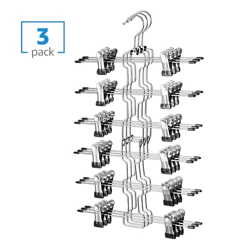 ZOBER 3-Pack 6-Tier Skirt Hangers with Clips - Pants Hangers with Clips Space Saving, Closet Organization, Swivel Hooks, College Dorm Essentials, Skirt Hangers for Women, Jeans Organizer for Closet