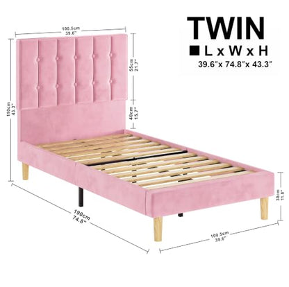 LIKIMIO Twin Bed Frames with Headboard, Velvet Upholstered, Pink