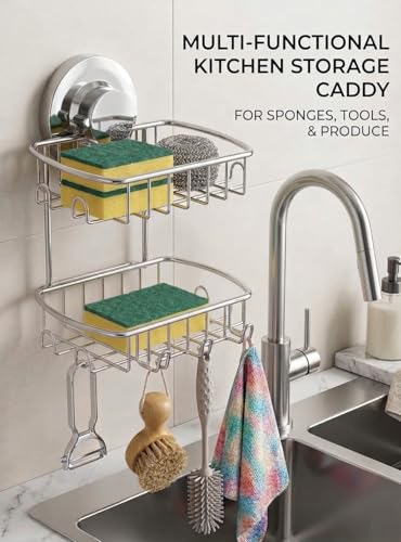 Soap Dish for Shower Suction Cup Powerful Vacuum System Rustproof 304 Stainless Steel Basket Sponges Holder with Razor Hooks for Bathroom or Kitchen Soap Holder, 2 Tier (Silver)