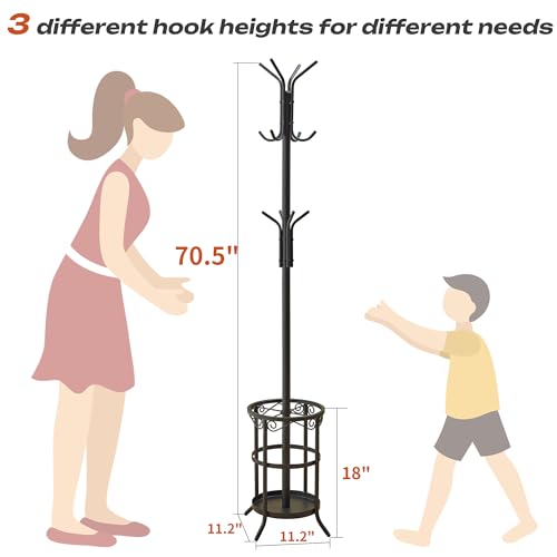 GHWIE Coat Rack Freestanding, Coat Tree with Umbrella Holder, Metal Coat Rack Stand with 12 Hooks, Standing Coat Hanger Stand, Umbrella Stand for Entryway, Hat Rack Stand for Home Office, Brown