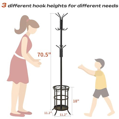 GHWIE Coat Rack Freestanding, Coat Tree with Umbrella Holder, Metal Coat Rack Stand with 12 Hooks, Standing Coat Hanger Stand, Umbrella Stand for Entryway, Hat Rack Stand for Home Office, Brown