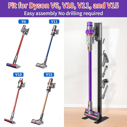XIGOO Dyson Vacuum Stand for Gen5 Detect V15 V12 V11 V10 V8 V7 V6 | Vacuum Stand for Dyson Cordless Vacuum Cleaners and Accessory, Heavy-Duty Metal Bracket Holder with 6 Hooks, Black