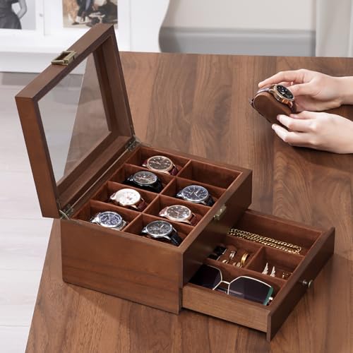 ProCase Wooden Watch Case, 8 Slot Mens Watch Box with Drawer, 2-Layer Mens Jewelry Box Storage Holder Organizer Display Case, Fathers Day Gift, Anniversary Birthday Gifts for Men Women -8 Slot, Brown