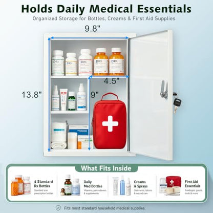 KYODOLED Wall Mount Locking Medicine Cabinet, Large Capacity First Aid Cabinet for Bathroom, Medicine Cabinet with Key, Secure Steel Lock Box for Medication, 15.75" H x 11.82" W x 4.72" D, White